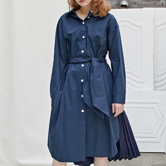 Midi Pleated Shirt Belt Navy Dress - NEW - Picture 4 of 8